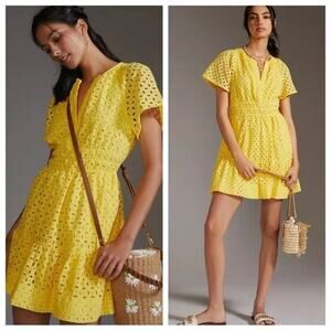 Anthropologie The Somerset Yellow Eyelet Mini Dress Small PETITE